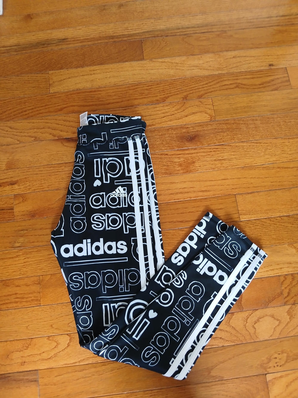 adidas Black Leggings with White Logo Print and Stripes